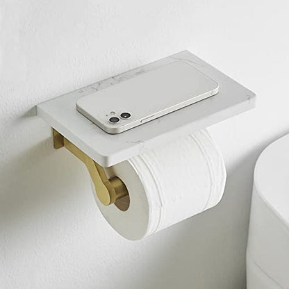 Hoimpro Toilet Paper Holder Wall Mounted, Marble Tissue Roll Rack | Brushed Gold | White Natural Marble Shelf Hand Paper Roll Holder, for Bathroom Kitchen Washroom Bedroom Aluminum - color: Gold