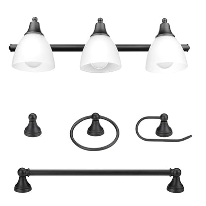 Globe Electric 51227 Jayden 5-Piece All-In-One Bathroom Set, Oil Rubbed Bronze, 3-Light Vanity Light with Frosted Glass Shades, Towel Bar, Toilet Paper Holder, Towel Ring, Robe Hook, Bulb Not Included - color: Oil-Rubbed Bronze