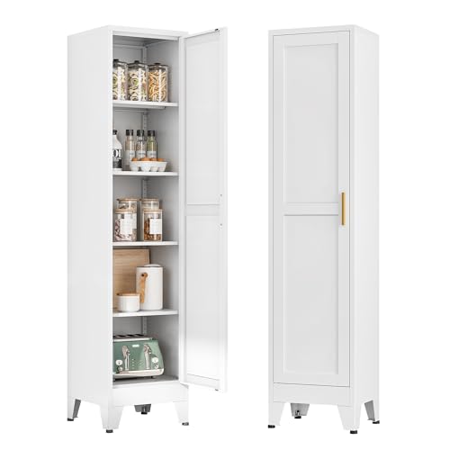 Bevivog Tall Bathroom Storage Cabinet, 67" Narrow Metal Storage Cabinets, Freestanding Tall Linen Cabinet, Slim Kitchen Pantry Cabinets with Shelves - color: White, size: 67"H-1 door