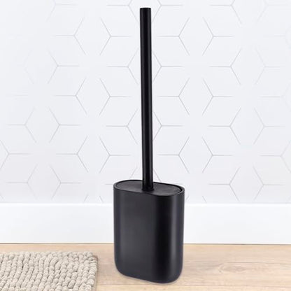 Oval Toilet Brush & Holder Set, Steel Handle, Japandi Decor, Compact, Black | Polyresin, Toilet cleaning, Daily hygiene, Guest bathroom, Small spaces, Hygienic Discreet Holder, Easy to Clean - color: Black