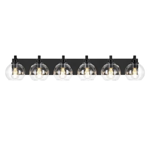 6-Light Matte Black Bathroom Vanity Light, Clear Glass Globe Shade | 38" modern bathroom light fixtures over mirror, E26 base, bulbs not included, VL195-MB-6 - color: Black, Clear Glass, size: 6-light