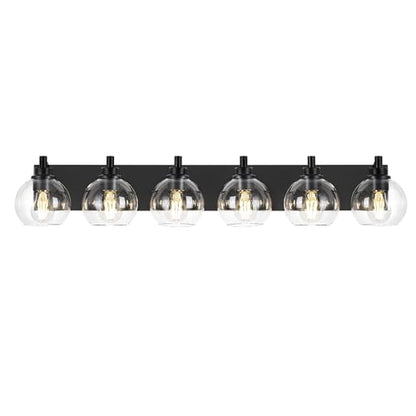 6-Light Matte Black Bathroom Vanity Light, Clear Glass Globe Shade | 38" modern bathroom light fixtures over mirror, E26 base, bulbs not included, VL195-MB-6 - color: Black, Clear Glass, size: 6-light