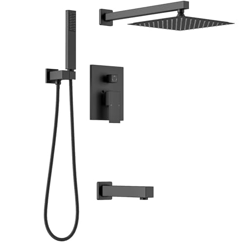 Lava Odoro Modern 3-Setting Square Shower and Tub Faucet Set with Shower Head and Handheld Sprayer Black, Rainfall Shower System with Tub Spout, Shower Valve Trim Kit, Matte Black, SF103-MB-T - color: Matte Black, style: With Tub Spout