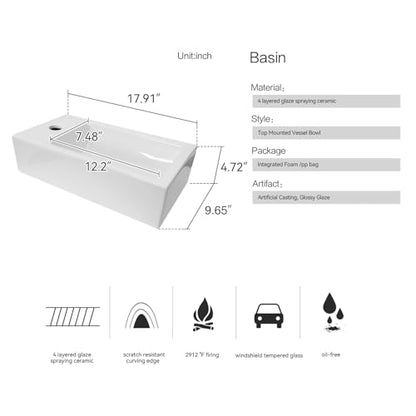 White Wall Mounted Ceramic Bathroom Sink, 18" x 10" Floating Vessel Sink | Rectangle, Black Faucet, Pop Up Drain, Ideal for Small Bathroom, Left Hand - size: 18''x10''