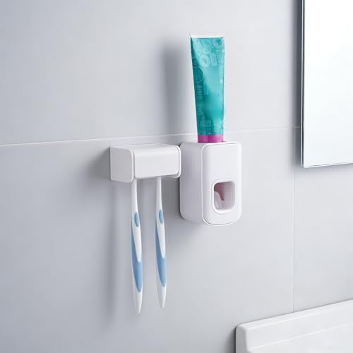 Toothbrush Holder Wall Mounted with Cover for Bathroom, 2 Slots Toothbrush Storage Organizer for Shower, Self Adhesive Toothbrush Hanger with Automatic Toothpaste Squeezer Dispenser - color: White, size: Combination A: 1PACK