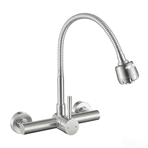 Wall Mount Kitchen Sink Faucet 8 Inch Center with Flexible Sprayer,Stainless Steel Mixer Tap with Dual Function Sprayer,Nickel Brushed Unility Sink Faucet - color: C Style, Nickel Brushed