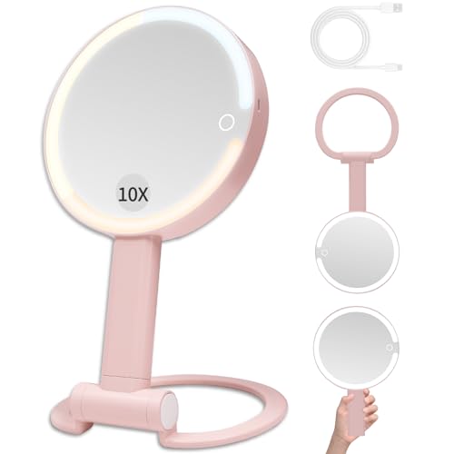 Makeup Mirror with Lights - 360° Rotation, 3 Color Modes (Dimmable), 1X/10X Magnifying Double-Sided Mirror, Rechargeable & Portable Vanity Mirror with Touch Control for Tabletop, Home, Travel Pink - color: Pink