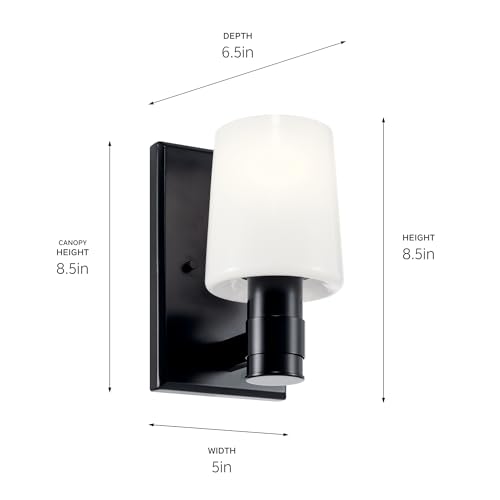 Kichler Adani 8.5" 1-Light Wall Sconce Light, Black | Opal glass creates soft ambient lighting for bathrooms, kitchens, bedrooms and hallways, 55174BK - color: Black, size: 8.5"
