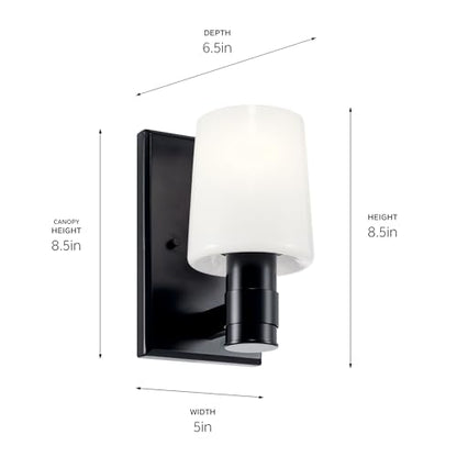 Kichler Adani 8.5" 1-Light Wall Sconce Light, Black | Opal glass creates soft ambient lighting for bathrooms, kitchens, bedrooms and hallways, 55174BK - color: Black, size: 8.5"