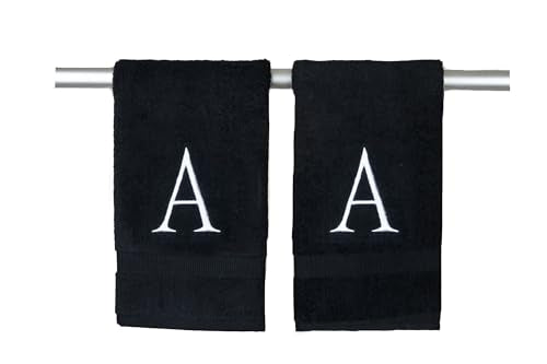 Black with White Monogrammed Hand Towels for Bathroom - Set of 2 Letter A | Luxury Hotel Quality Initial Towels For Powder Room, Spa, GOTS Organic Certified - color: White on Black, size: Initial A