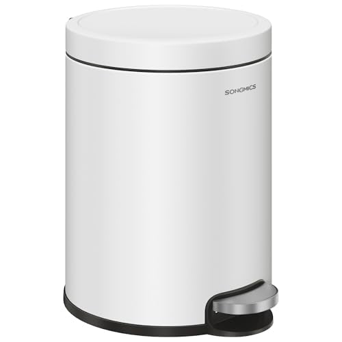 SONGMICS Bathroom Trash Can, 1.6 Gallon (6 L) Small Toilet Garbage Bin with Lid, Soft-Close, Stainless Steel, Pedal, Inner Bucket, Bedroom, Cloud White ULTB016WZ01 - color: Cloud White