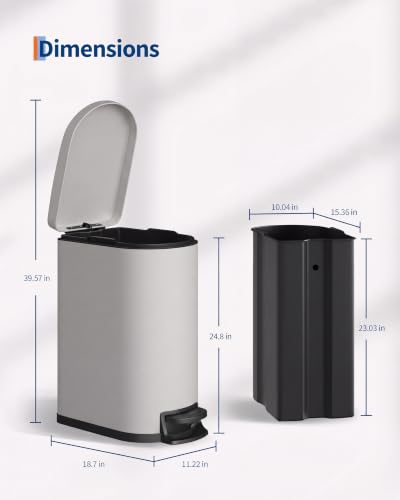Garvee 13 gal / 50 L Metal Kitchen Trash Can with Lid, Slim Rustproof Garbage Can, Large Step-on Trash Bin with Inner Bucket, Rear Handle, Soft Close Lid, Grey - color: Grey, size: 13.2 Gallons