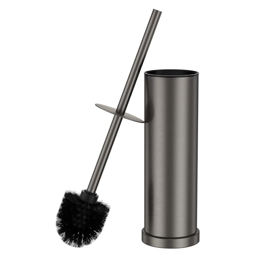 Pewter Toilet Brush and Holder Set，Stainless Steel Heavy Duty Toilet Bowl Brush，Extra Long Handled Modern Toilet Cleaner Brush with Replaceable Head, Removable Inner Bowl, and Splash Protection - color: Pewter, size: 1 Pack