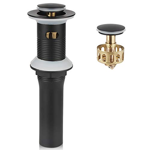 Bathroom Sink Pop Up Drain with Overflow, Strainer, Black | Solid Brass with Detachable Basket Strainer; 7 in. Closed/7.5 in. Open; 1-1/2 in. Min Drain Opening; Push-button Stopper - color: Black, size: Small Popup Cap