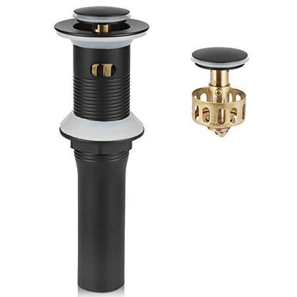 Bathroom Sink Pop Up Drain with Overflow, Strainer, Black | Solid Brass with Detachable Basket Strainer; 7 in. Closed/7.5 in. Open; 1-1/2 in. Min Drain Opening; Push-button Stopper - color: Black, size: Small Popup Cap