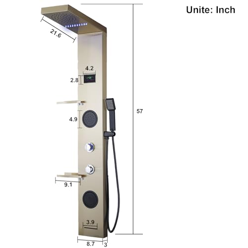 LED Shower Panels Tower System, LCD Temperature Display with Shelf, 304 Stainless Steel System with Rainfall Shower Head with Handheld Massage Body Jets Waterfall Bathtub, Brushed Gold - color: Brushed Gold