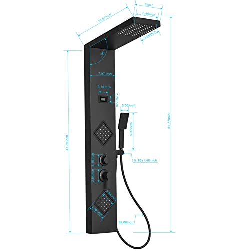 Shower Panel Shower Tower System, Stainless Steel with Massage Body Jets Adjustable, Stand Shower Column Wall Mount, Black