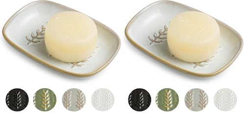 Miamolo Soap Dish Bar Cleaner Dish for Shower, Ceramic Soap Dishes for Large Soap Bar Shampoo or Sponge, Shower Soap Dish Soap Saver Tray for Bathroom Kitchen Sink, Easy to Clean (Pack of 2) - color: Beige, size: Leaf Design (Pack of 2)