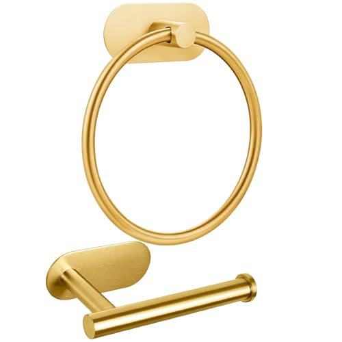 Self Adhesive Towel Ring and Toilet Paper Holder, No Drilling Stainless Steel Bathroom Hardware Set, Sturdy Bathroom Accessories for Home or Kitchen, Wall Mounted (Gold) - color: Brushed Gold