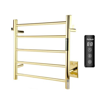 P&Dlusir EL13 Heated Towel Rack, Polished Gold, 5 Bar | Fast Heat in 2 Min, Smart Timer, Thermo Control, Memory Functoion, Stainless Steel, Hard-Wired/Plug-in - color: Polished Gold, size: 21.65"W x 17.72"H