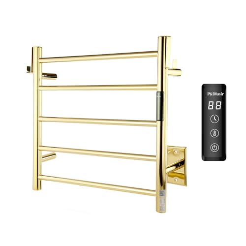 P&Dlusir EL13 Heated Towel Rack, Polished Gold, 5 Bar | Fast Heat in 2 Min, Smart Timer, Thermo Control, Memory Functoion, Stainless Steel, Hard-Wired/Plug-in - color: Polished Gold, size: 21.65"W x 17.72"H