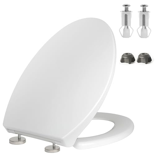 Quiet-Close Elongated Toilet Seat, Heavy Duty Toilet Seat Cover Comfort Non-Slip Seat Toilet Lid Bumpers Quick Release Hinges, Easy to Install & Clean, White