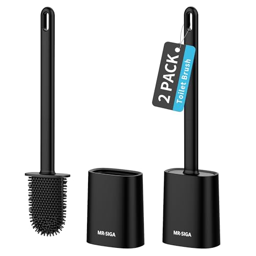 MR.SIGA Toilet Brush and Holder Set, Wall Mounted Toilet Bowl Brush, Black | Space saving design, flexible thermoplastic rubber bristles, easily cleans hard to reach areas, pack of 2 - color: Black