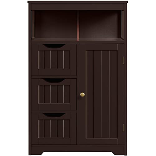 Topeakmart Freestanding Wood Bathroom Floor Cabinet, Espresso | Storage Cabinet with 3 Drawers and Cupboard, for Hallway, Entryway, Living Room, Accent Furniture - color: Espresso