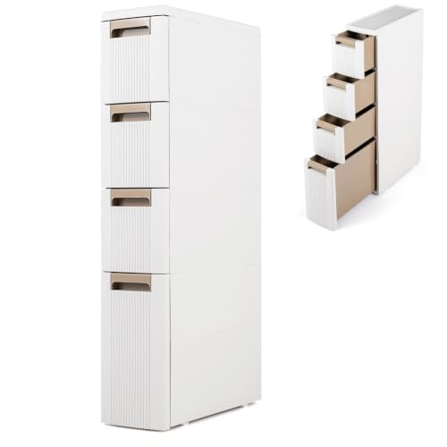 Byroce 4-Tier Narrow Storage Cabinet with Wheels, Slim Rolling Plastic Drawer Organizer with Removable Dividers, Skinny Storage Cart for Small Spaces, Bathroom & Kitchen (1PC, 4-Drawer), Beige - size: 4-Drawer