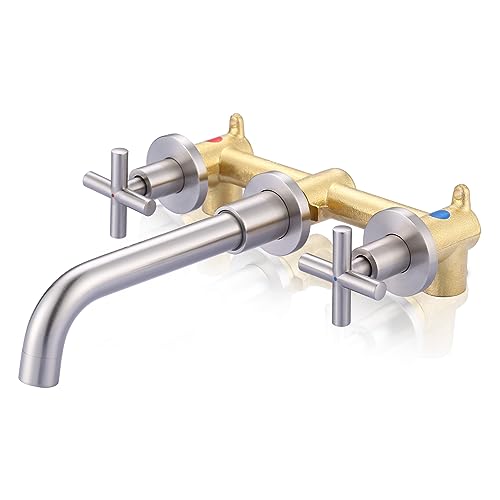 ARCORA Wall Mount Bathroom Faucet, Brushed Nickel Bathroom Sink Faucet, 2 Handle Wall Mount Vessel Sink Faucet Rough in Brass Valve Included - color: Brushed Nickel, size: Dual Handle