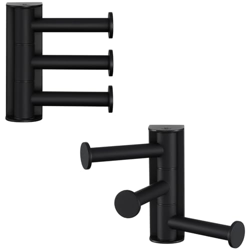Matte Black 3-Arm Swivel Towel Hooks, 2 Pack, 304 Stainless Steel | Rustproof Rotating Wall Hooks for Bathroom Kitchen Closet, Heavy Duty 11 lbs, Smooth 180° Rotatable & Foldable, Wall Mounted - color: Matte Black, size: 2 Pack