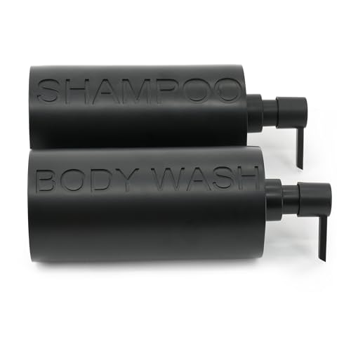 2-Pack Matte Black Resin Refillable Shampoo & Body Wash Bottles – Modern Bathroom Pump Dispenser Set, Durable Resin Shower Containers with Embossed Labels, Reusable Pump Bottle - color: 2pack Black Shampoo and Body Wash Set