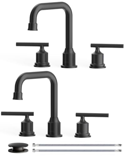 WOWOW Black Bathroom Faucet 3 Hole, Widespread Vanity Sink Faucets 8 Inch | Copper Inlet Faucet for Bathroom Sink with Swivel Spout, 2 Handles Lavatory Tap with Drain and cUPC Supply Line (Set of 2) - color: Black x 2, style: Upgrade-8 Inch