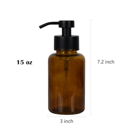 15 oz Amber Glass Foam soap Dispenser with Black Rust-Proof Foam Pump, refillable Thick Glass Foam soap Dispenser for Kitchen and Bathroom (1, 15 oz) - size: 15 oz