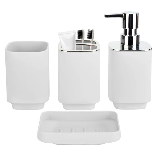 4Pcs White Bathroom Set, Square Boho Soap & Toothbrush Holder Set | Thick shatterproof ABS, electroplated rust-proof pump, drip-free, multi-slot holder, dustproof lids, easy-clean - color: White, size: 4PCS