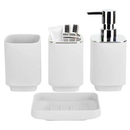 4Pcs White Bathroom Set, Square Boho Soap & Toothbrush Holder Set | Thick shatterproof ABS, electroplated rust-proof pump, drip-free, multi-slot holder, dustproof lids, easy-clean - color: White, size: 4PCS