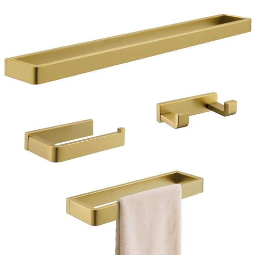 Bathroom Hardware Accessories Set Brushed Gold Towel Bar Set Square Bathroom Accessories Kit 4-Piece Towel Holder Set Stainless Steel Wall Mounted,23.6 Inch Towel Bar - color: Brushed Gold