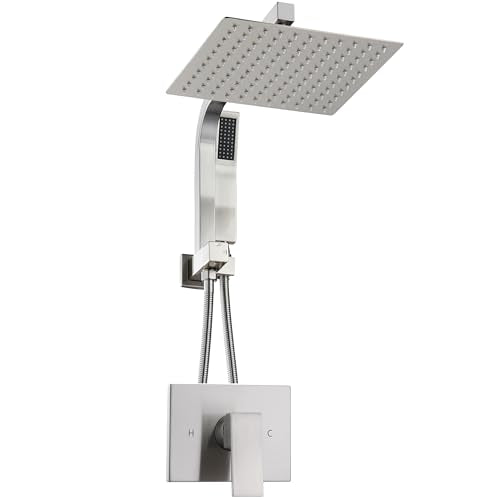 Shower Faucet Set with Rain Shower Heads with Handheld Spray,Brushed Nickel | 10-inch rainhead, 3-way diverter, all matal handshower with hose, brass pressure balancing shower valve, wall-mount - color: Brushed Nickel