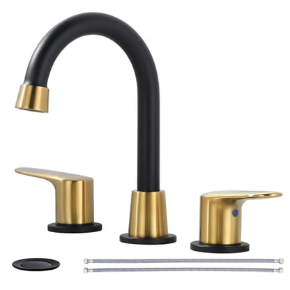 Bathroom Sink Faucet 3 Hole, 8 Inch Widespread Vanity Sink Faucets | Metal Zinc Alloy Gold&Black Bathroom Sink Faucet with Swivel Spout, Two Handles Lead-Free Tap with Drain and cUPC Supply Line - color: Black & Gold