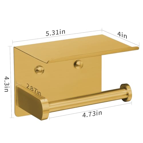VAEHOLD Self Adhesive Toilet Paper Holder with Phone Shelf Stainless Steel Wall Mounted Toilet Paper Roll Holder - Rustproof and Bathroom Washroom Tissue Roll Holder with Storage Shelf - Gold - color: Gold