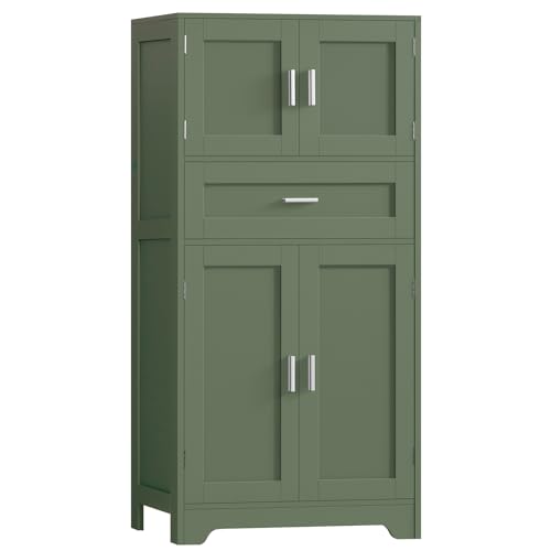 TEENFON Bathroom Floor Storage Cabinet with Adjustable Shelf, Freestanding Storage Cabinet with 4 Doors, Cupboard for Living Room, Home Office, Entryway, Forest Green - color: Green, size: 47.2“H