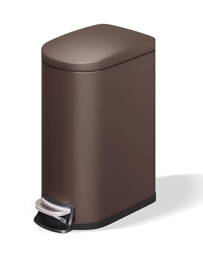 Garvee 2.6 gal / 10 L Metal Bathroom Trash Can with Lid, Slim Waterproof Garbage Can for Bedroom, Small Step-on Trash Bin with Inner Bucket, Rear Handle, Soft Close Lid, Brown - color: Brown, size: 2.6 Gallons