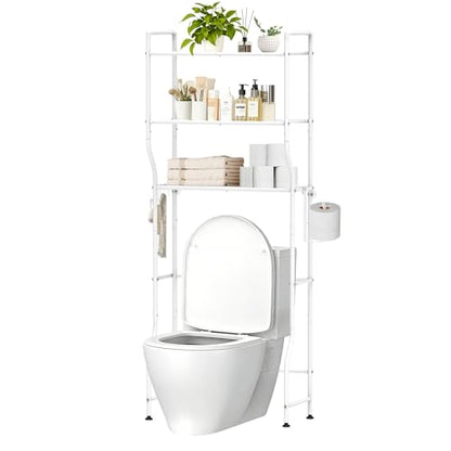 Over The Toilet Storage, 3-Tier Heavy Duty Metal Bathroom Organizer and Storage Rack, Space-Saving Above Toilet Cabinet Shelf with Paper Holder & 4 Hooks, White