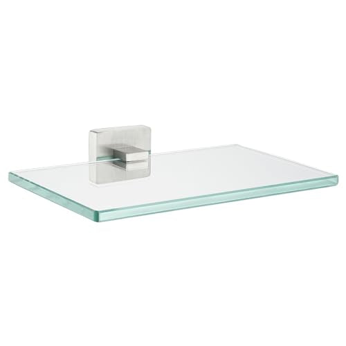 JQK Bathroom Glass Shelf, Tempered Glass Shower Storage 8 by 5 inches, 304 Stainless Steel Brushed Finish Wall Mount, TGS201L8-BN - color: Brushed Steel, size: 8 Inch