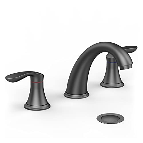 Bathroom Sink Faucet, Faucet for Bathroom Sink, Widespread Matte Black Bathroom Faucet 3 Hole with Plastic Pop Up Drain and cUPC Lead-Free Hose - (Matte Black) - color: Matte Black, size: 8 inch 1 pack