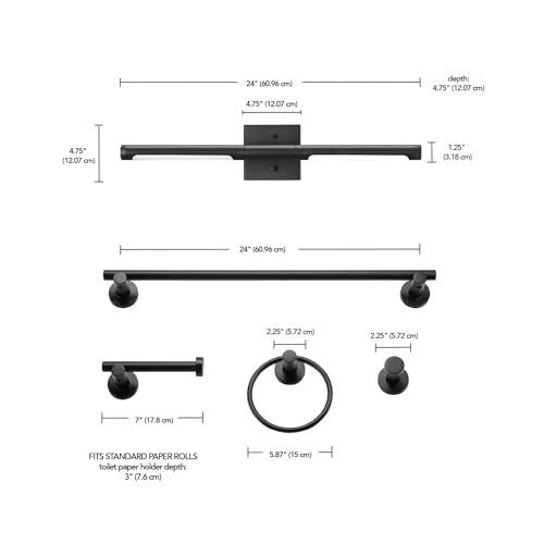 Globe Electric 63000203 5-Piece All-in-One Bathroom Set, 2-Light LED Vanity Light, Matte Black, 1200 Lumen, Towel Bar, Robe Hook, Toilet Paper Holder, Towel Ring, Bathroom Lights Over Mirror - color: Matte Black