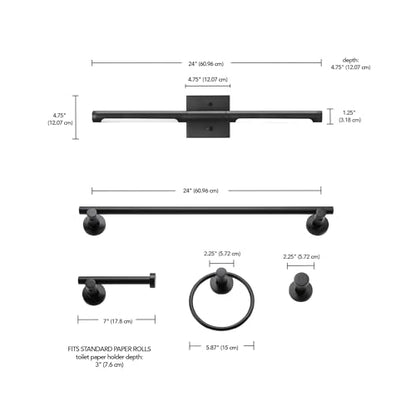 Globe Electric 63000203 5-Piece All-in-One Bathroom Set, 2-Light LED Vanity Light, Matte Black, 1200 Lumen, Towel Bar, Robe Hook, Toilet Paper Holder, Towel Ring, Bathroom Lights Over Mirror - color: Matte Black