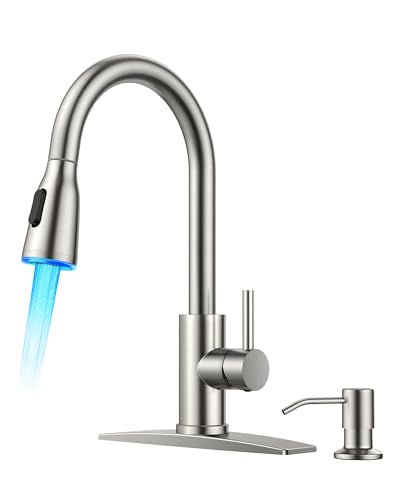FORIOUS LED Kitchen Faucet with Soap Dispenser, Pull Down Sprayer, Brushed | Stainless Steel Single Handle, Transitional Bar Sink Faucet with LED Light Sprayer, Suitable for Outdoor Rv Laundry Camper - color: Stainless Steel, style: Transitional
