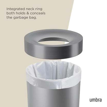 Umbra Vento Kitchen Trash Can, Open Top Bin, 16.5 Gallon, Grey/Nickel | Brushed metal accents, bag concealing design, easy wipe clean, fits home and office, durable plastic - color: Grey/Nickel