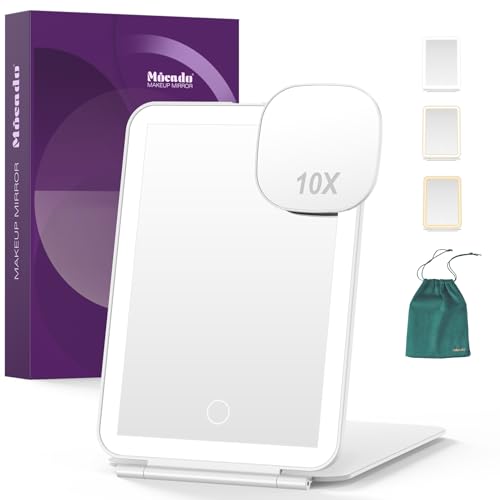 Mocado LED Foldable Travel Makeup Mirror - 5x7 inches 3 Colors Light Modes USB Rechargeable Touch Screen, Portable Tabletop Cosmetic Mirror for Travel, Cosmetic, Office (White) | Magnetic 10x Magnifying, 3 Colors Light, 0-100% Brightness Adjustable, 2000m